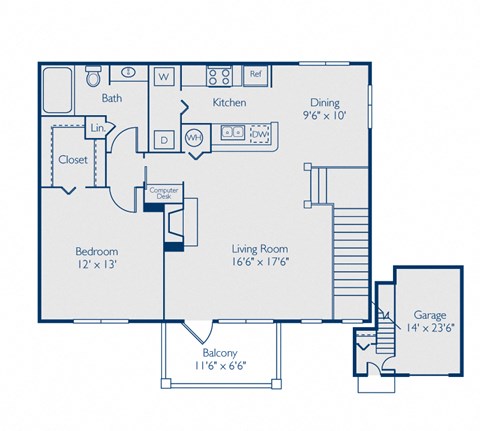 A floor plan of a house with a living room, dining room, kitchen, bedroom, bathroom, and balcony.
